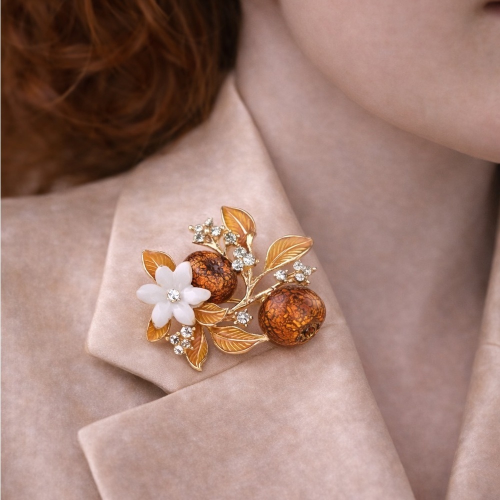 Orange Floral Gold Brooch